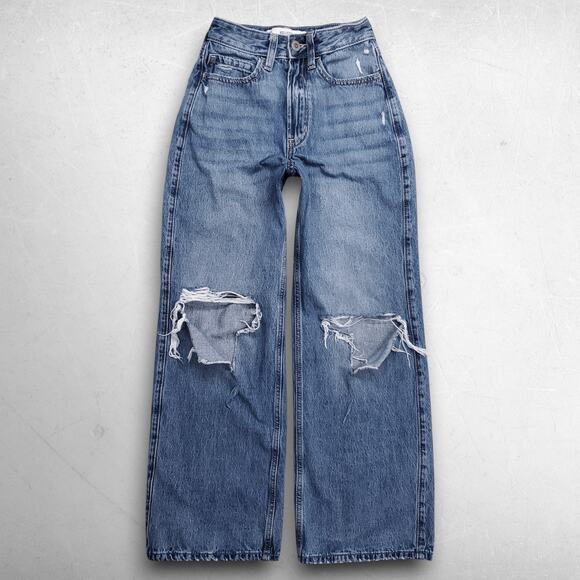 Hollister Denim - Hollister Ultra High Rise Baggy Jeans Straight Leg Distressed Women 23S Md Blue